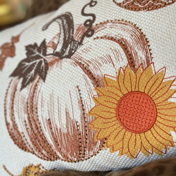 Autumn Pumpkin and Sunflower Accent Pillow with Orange Trim
